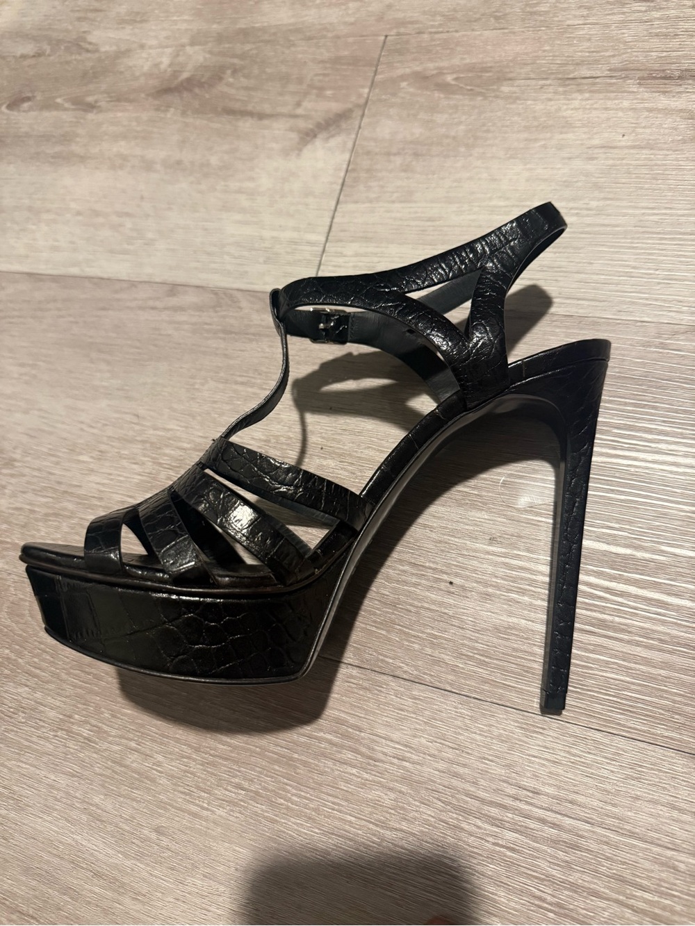 YSL Black Croc-Embossed High Heel Platform Sandal size 40 like new.